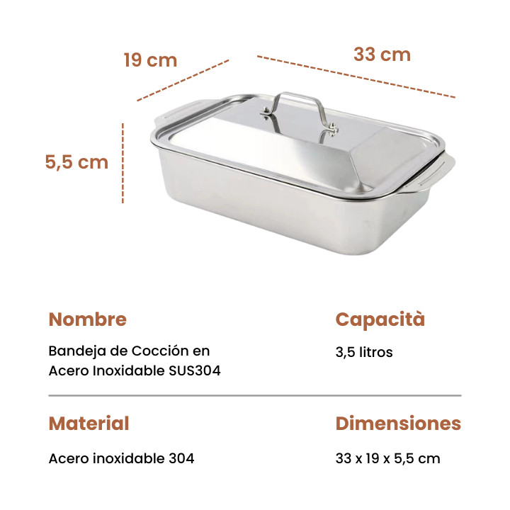 🇪🇸 Bandeja de cocción directa de acero inoxidable 304 macizo de Alemania (3.5 Litros)