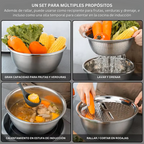 Conjunto 3 en 1 con Bacía de Acero Inoxidable, Escurridor y Cortador/Rallador de Verduras