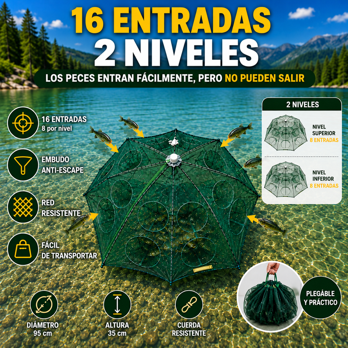Red trampa de pesca plegable 96 cm | 16 entradas | Agua dulce y salada