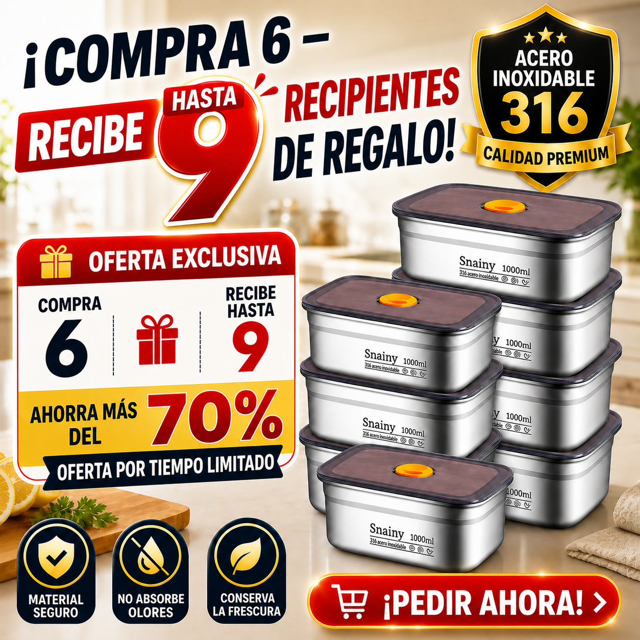 ⚜️ Recipientes Para Alimentos De Acero Inoxidable Alemán 316 Con Tapa Al Vacío