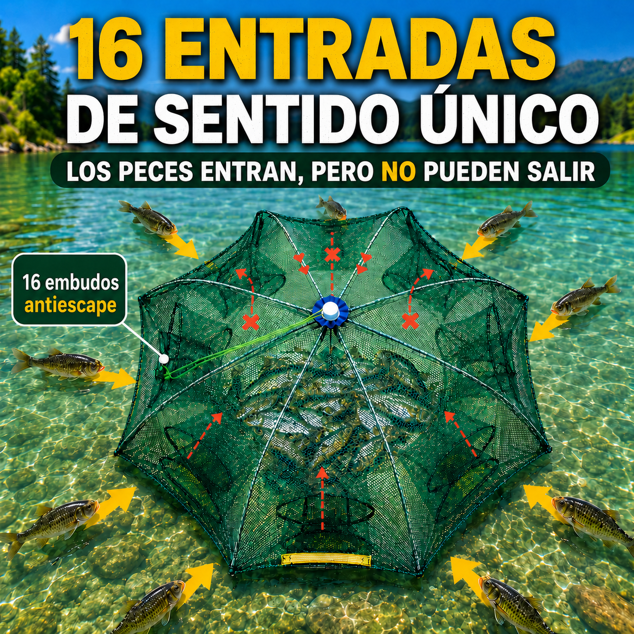 🐠Red trampa de pesca plegable 96 cm | Múltiples entradas | Para agua dulce