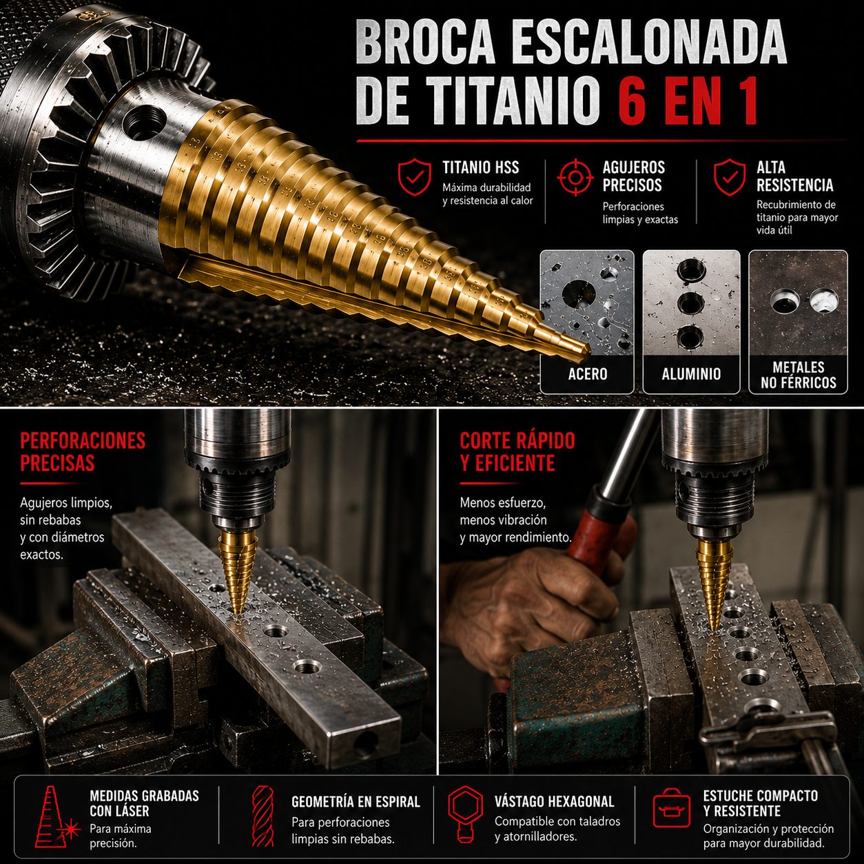 TitanDrill™ – Juego De Brocas Escalonadas De Titanio (6 Brocas Multifuncionales)