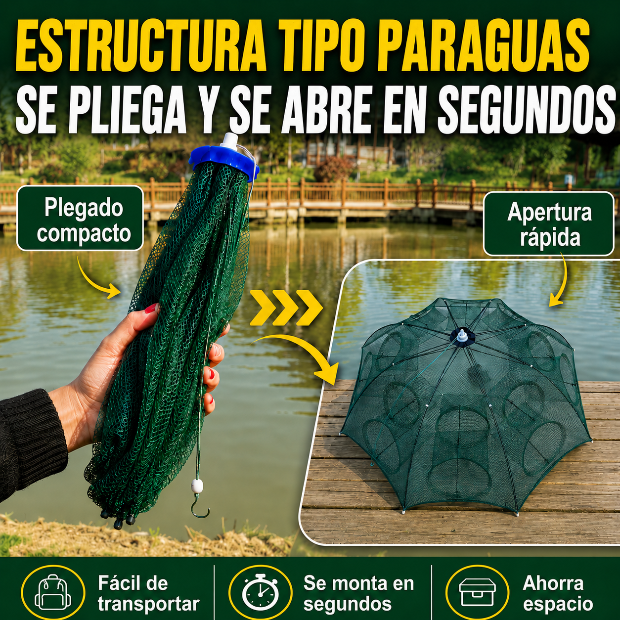 🐠Red trampa de pesca plegable 96 cm | Múltiples entradas | Para agua dulce