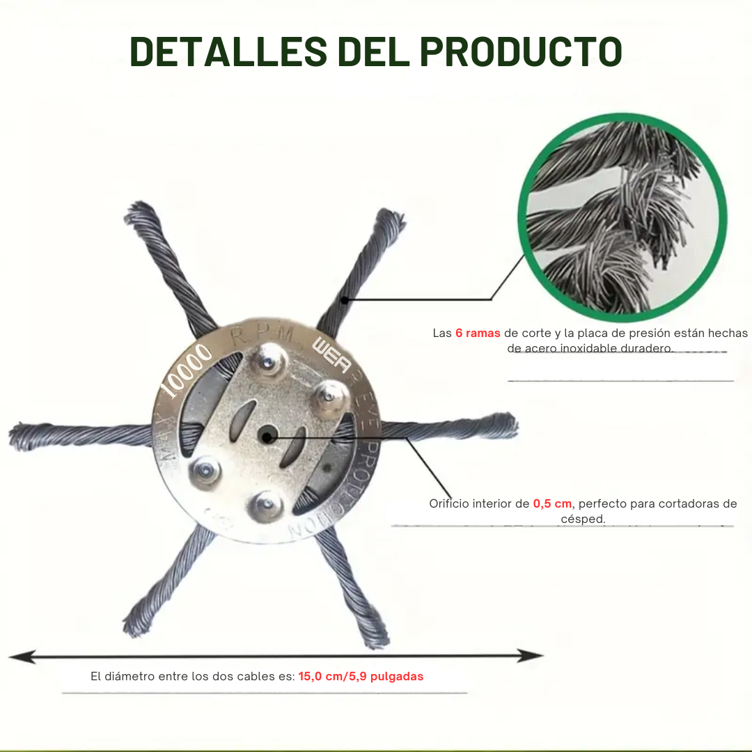 🌱 El cabezal del cortacésped tiene 6 bordes de acero inoxidable