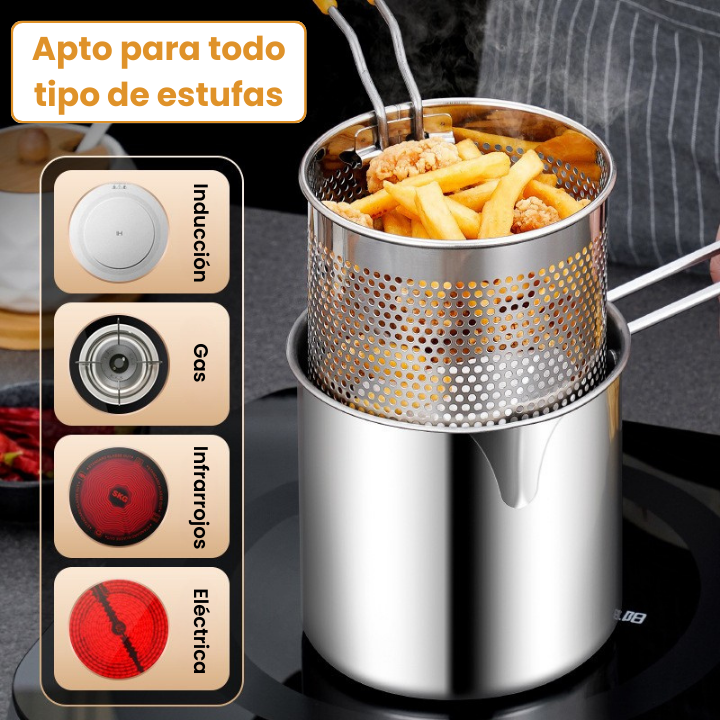 🇪🇸 Olla freidora de 1,2L en acero inoxidable 304 alemán, compatible con cocinas de vitrocerámica e inducción (IH)