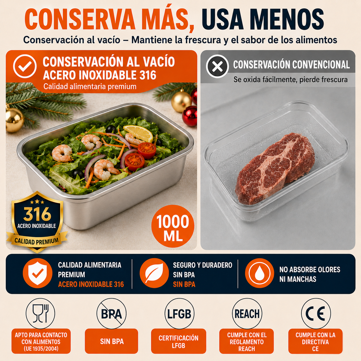 ⚜️ Recipientes Para Alimentos De Acero Inoxidable Alemán 316 Con Tapa Al Vacío