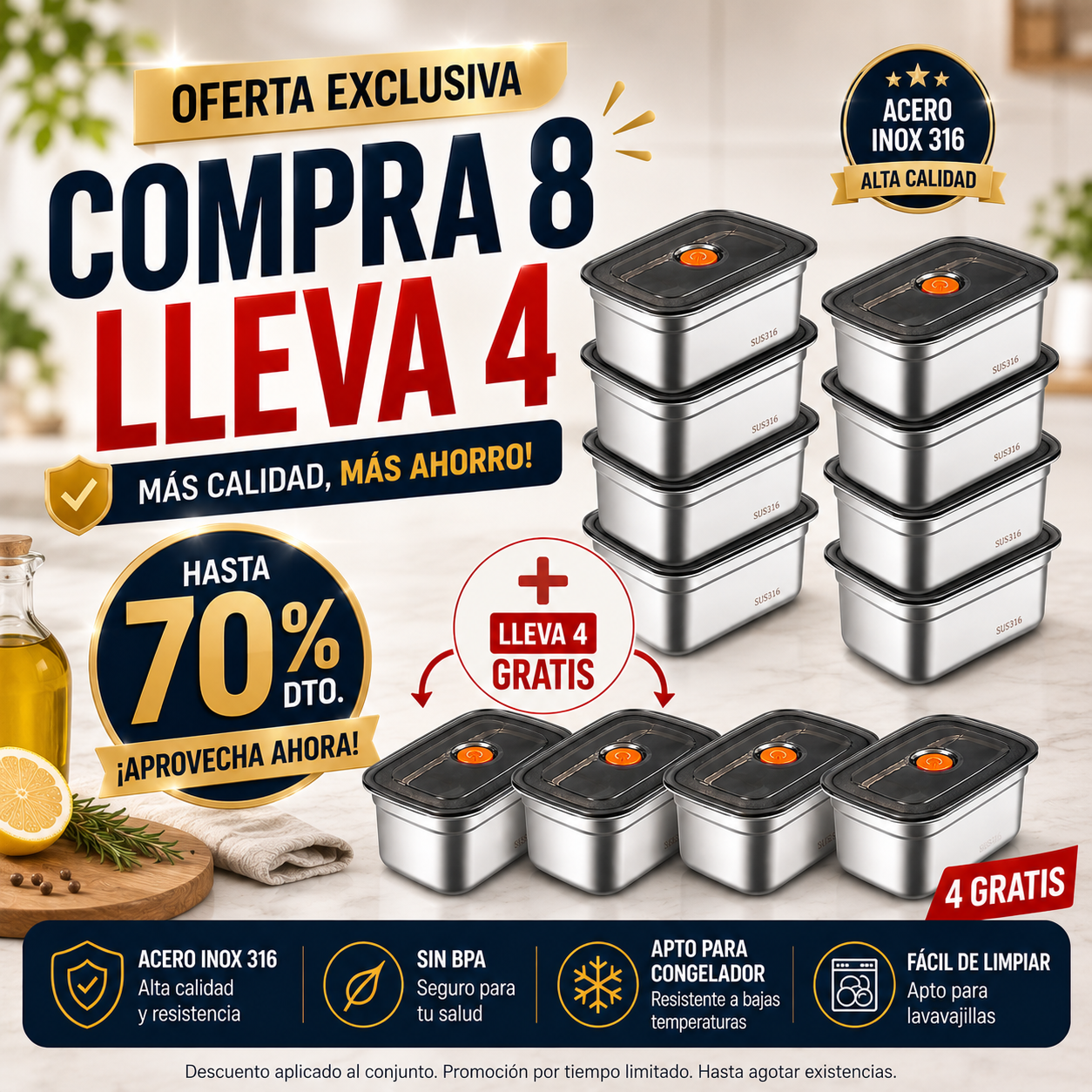 🔥 OFERTA IMPERDIBLE | Recipientes Herméticos de Acero Inoxidable Alemán 316