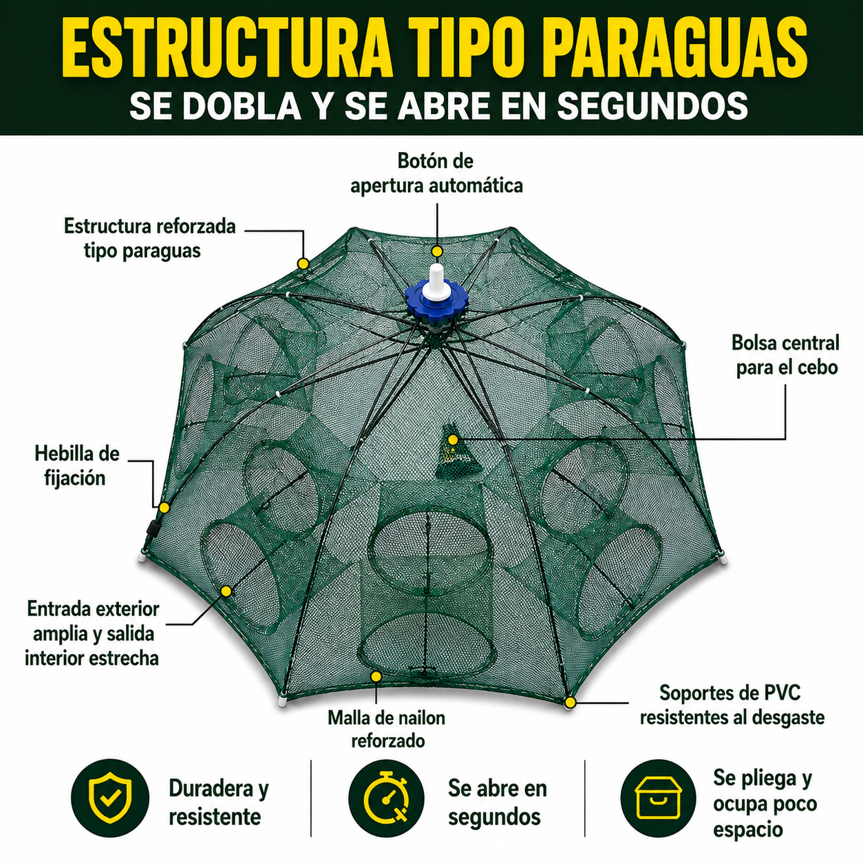 🐠Red trampa de pesca plegable 96 cm | Múltiples entradas | Para agua dulce