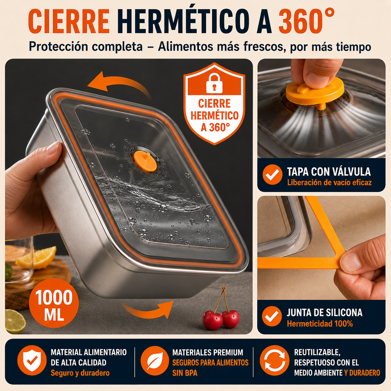 ⚜️ Recipientes Para Alimentos De Acero Inoxidable Alemán 316 Con Tapa Al Vacío