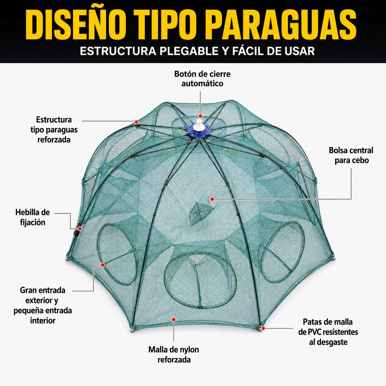 Red trampa de pesca plegable 96 cm | Múltiples entradas | Para agua dulce