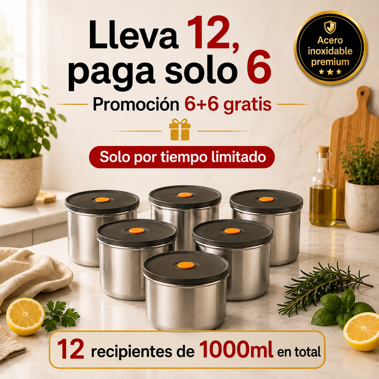 🎁 Llévate 12, Paga 6 | Recipiente Redondo de Acero Inoxidable con Tapa de Vacío – 1000 ml