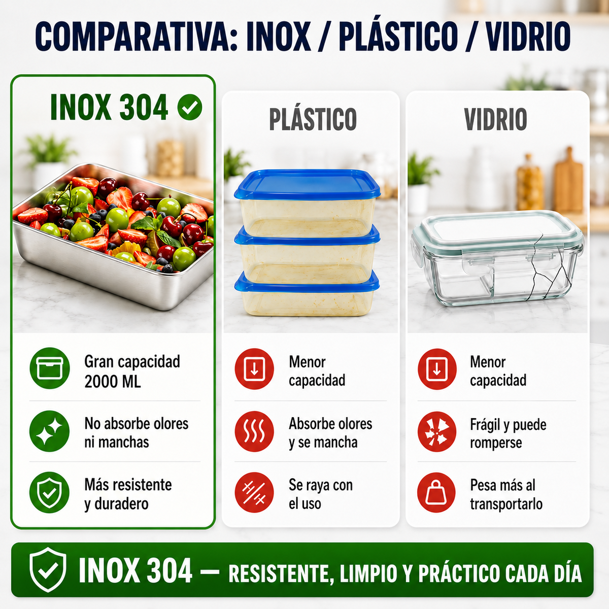 Comparativa Inox 304 vs Plastico vs Vidrio