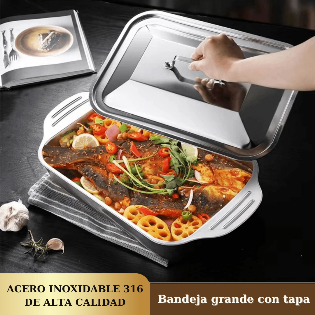 Bandeja De Cocción De Acero Inoxidable De Alta Calidad Con Tapa (33*19*5,5 cm)