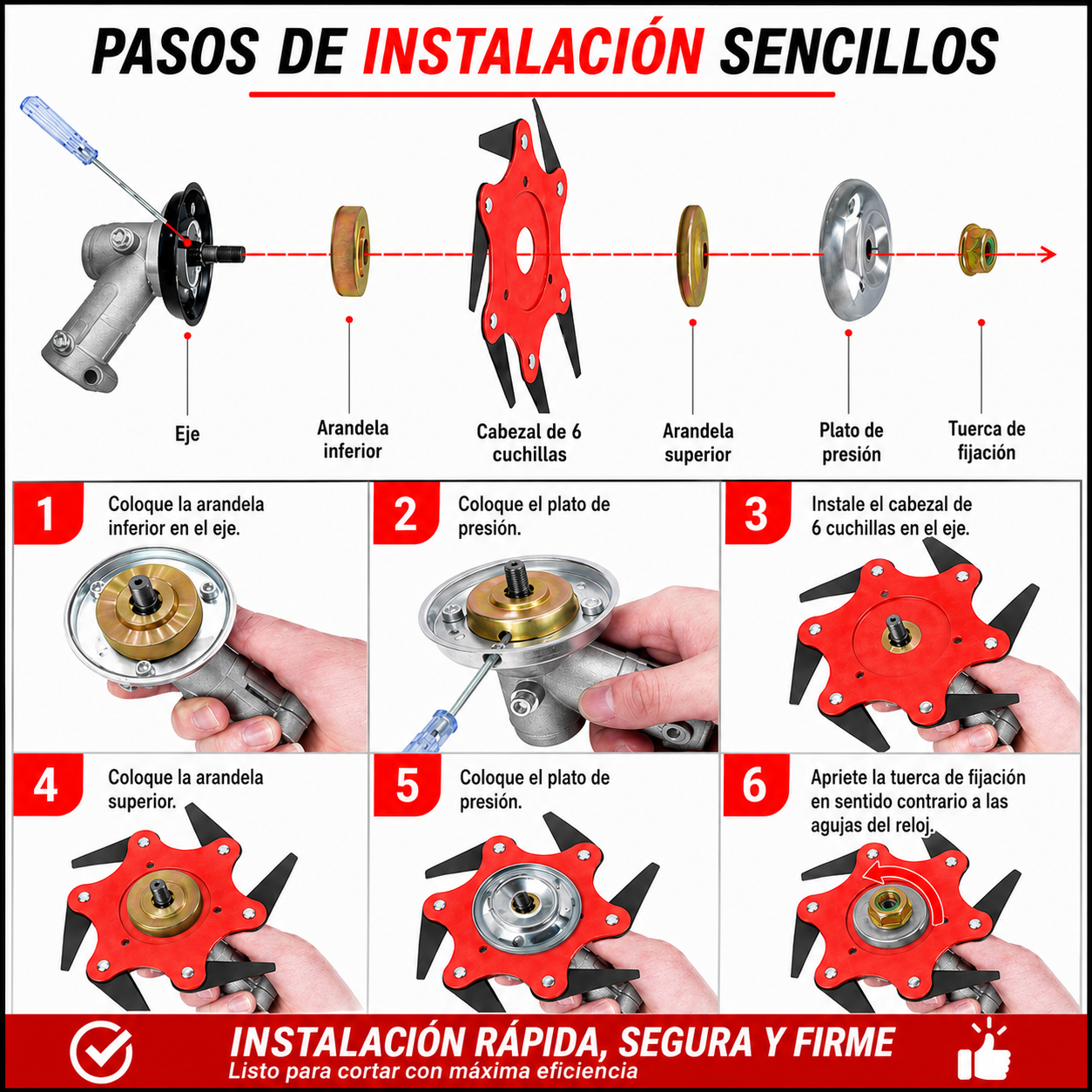 El Cabezal de Corte Tiene 6 Cuchillas Súper Resistentes de Acero al Manganeso (Accesorios Incluidos)