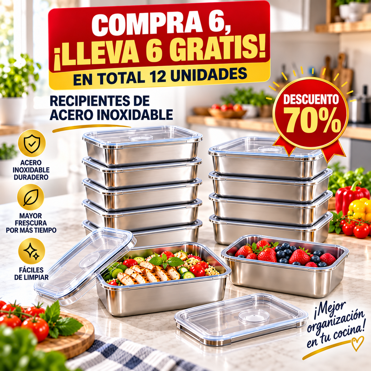 🎁70% DE DESCUENTO | Tupper Hermético Acero Inoxidable 304 - TAMAÑO GRANDE 2400 ML