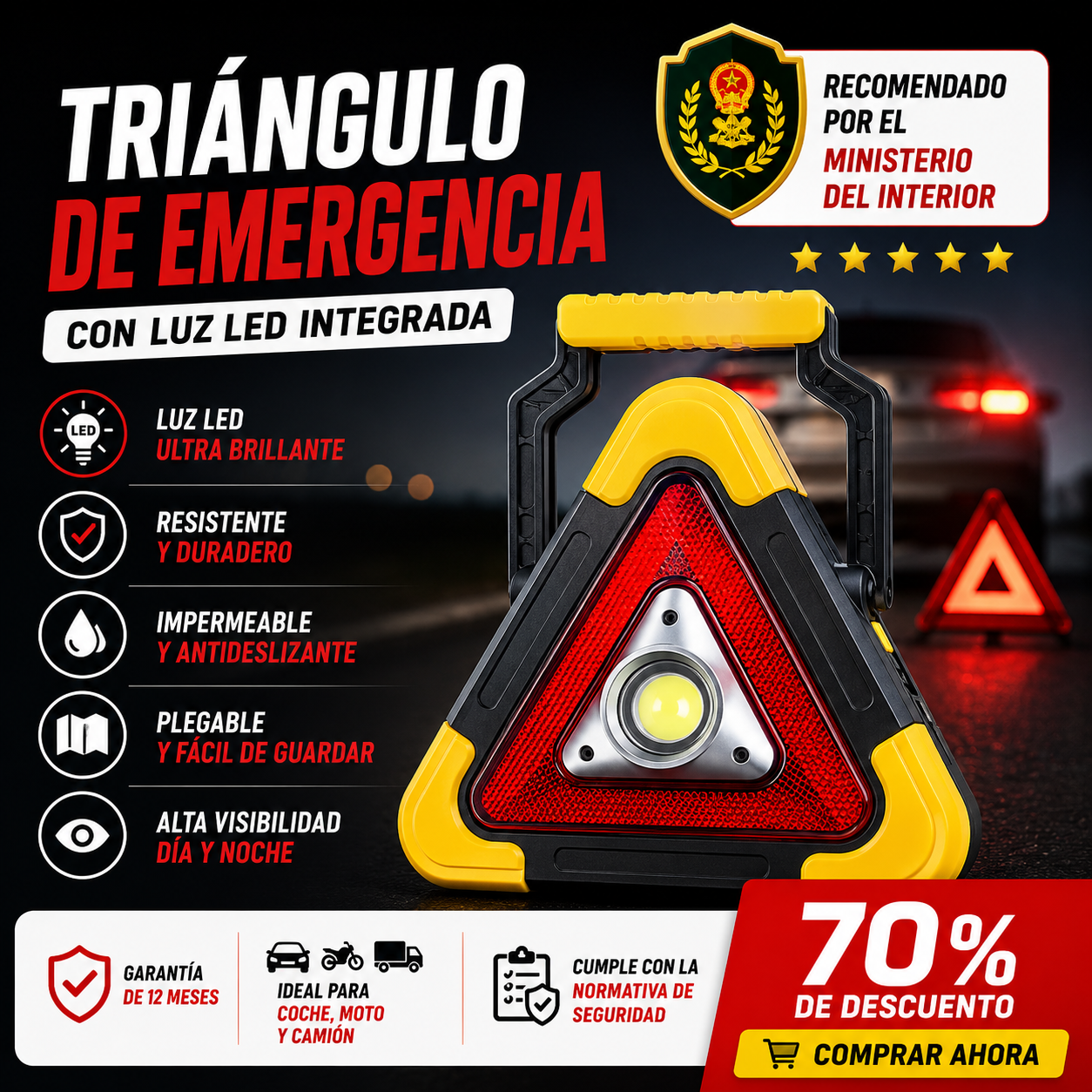 ⚡(SÚPER OFERTA) Triángulo De Advertencia Para Automóvil Con Luz LED Integrada