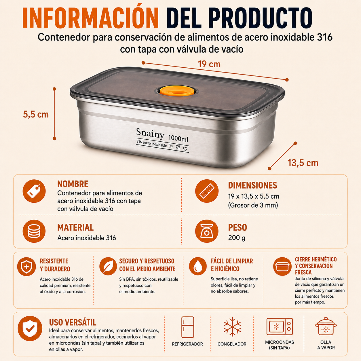 ⚜️ Recipientes Para Alimentos De Acero Inoxidable Alemán 316 Con Tapa Al Vacío
