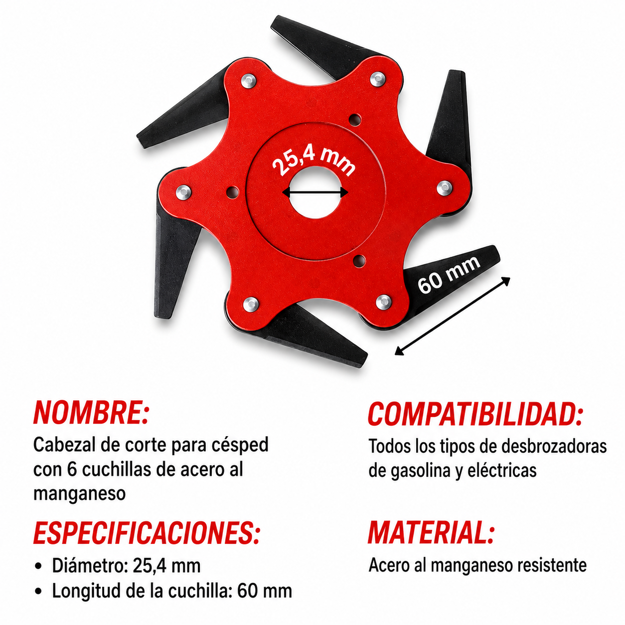 El Cabezal de Corte Tiene 6 Cuchillas Súper Resistentes de Acero al Manganeso (Accesorios Incluidos)