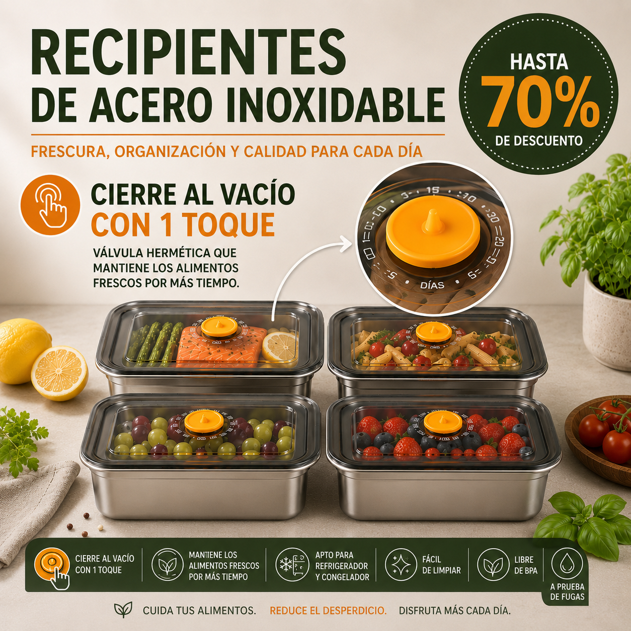 🎁6 por 3 GRATIS | Recipientes Para Alimentos De Acero Inoxidable Alemán 316 Con Tapa Al Vacío