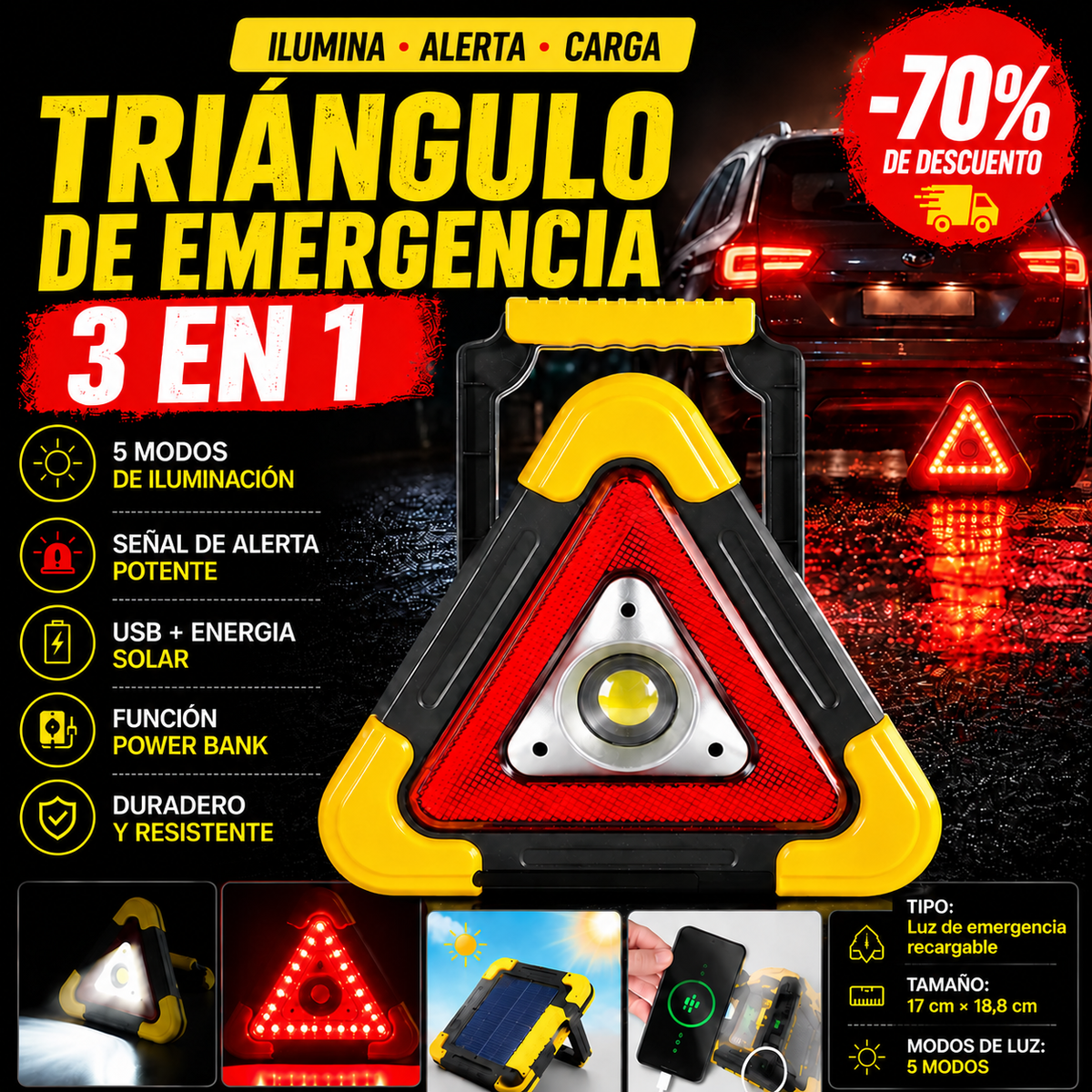 Triángulo de emergencia para coche con luz LED integrada