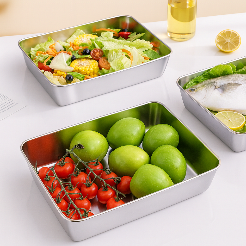 Bandeja de Acero Inoxidable 304 con Tapa Hermética (2.1 L – 25.5 × 19.4 × 5.7 cm)