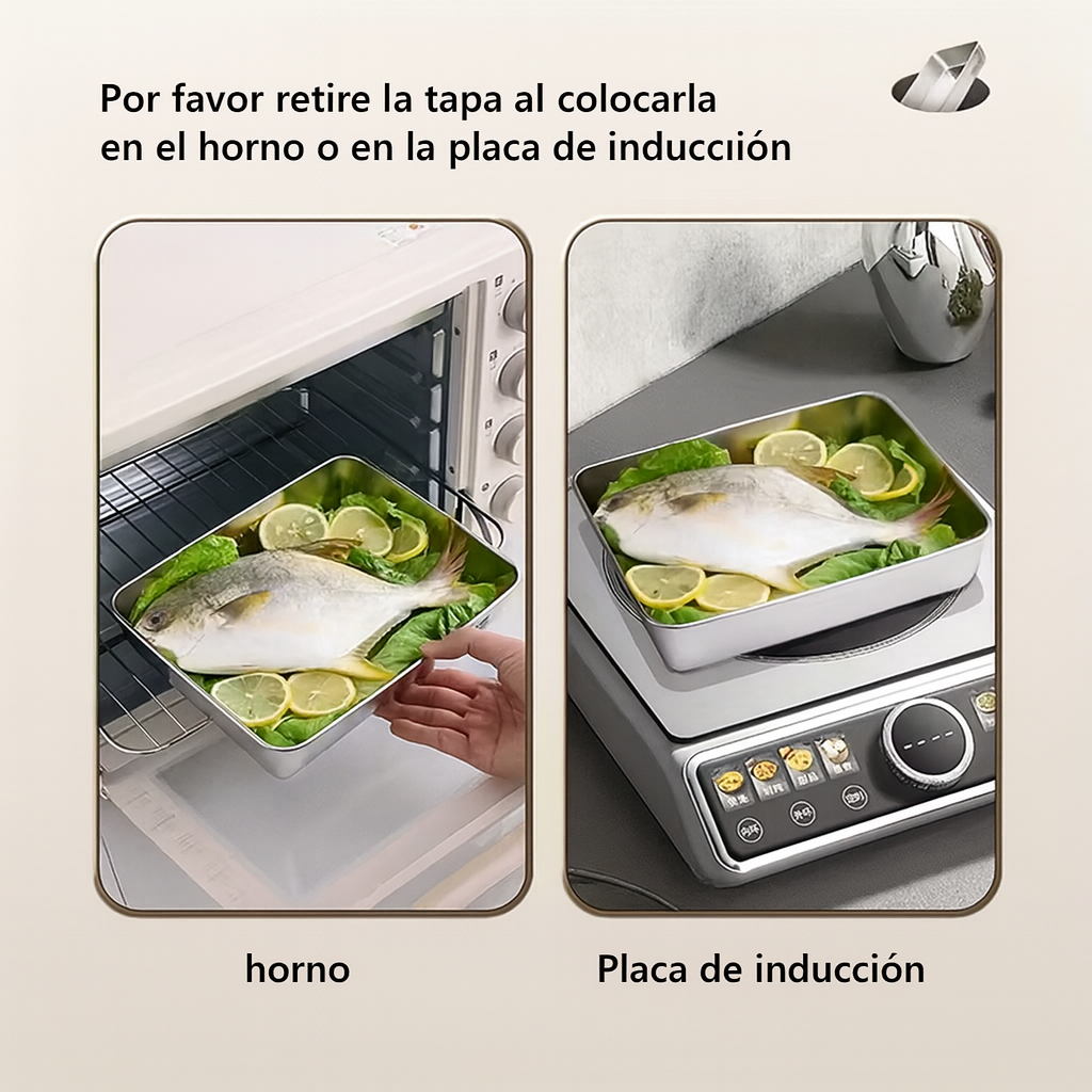 Bandeja de Acero Inoxidable 304 con Tapa Hermética (2.1 L – 25.5 × 19.4 × 5.7 cm)