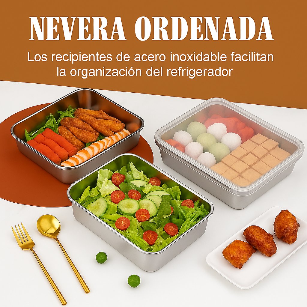 Bandeja de Acero Inoxidable 304 con Tapa – Mantiene la Comida Fresca 1 Mes, Resiste 1000 °C y Ahorra Espacio