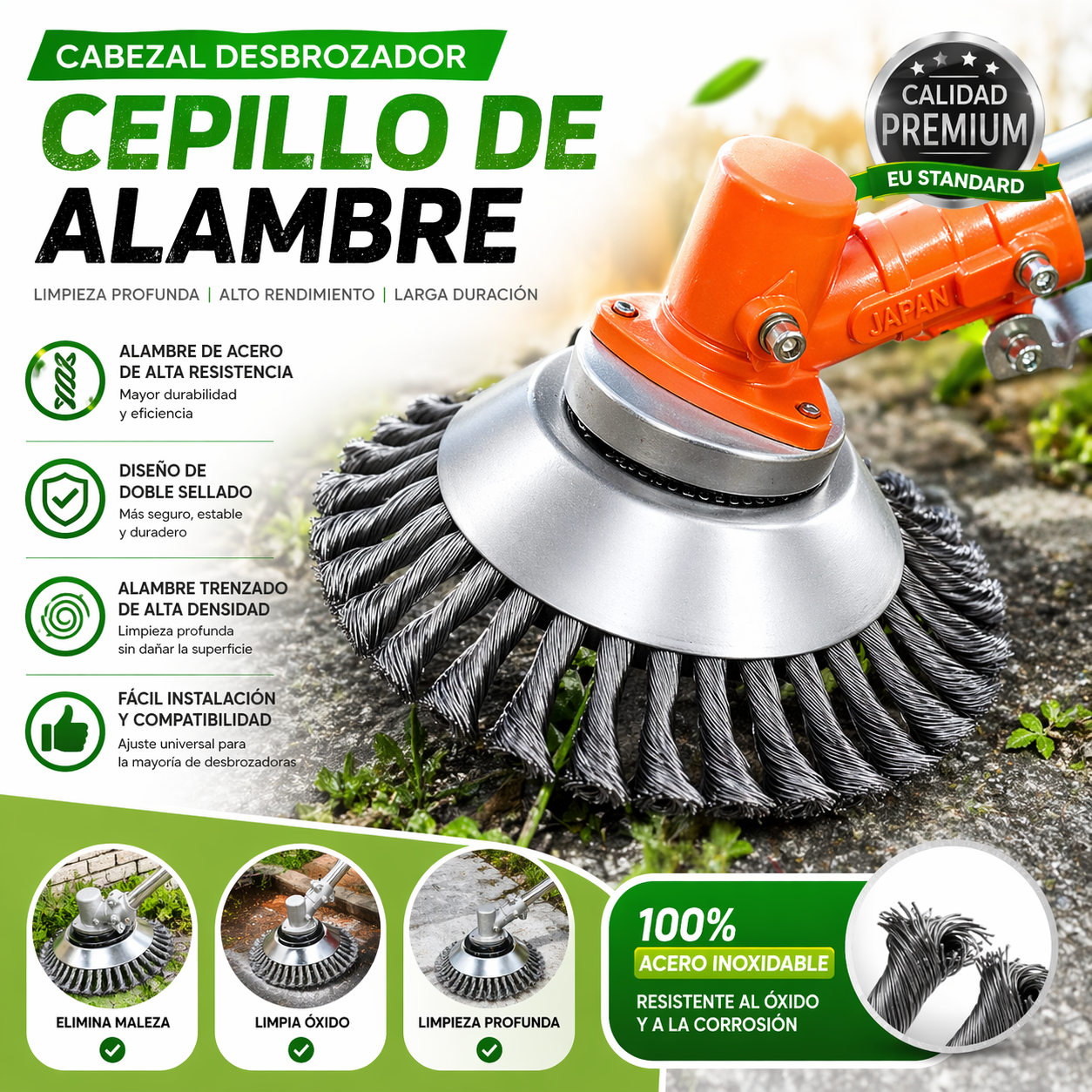 🍀 Hoja de Corte de Césped de Alambre de Acero Súper Resistente 360° (Incluye Kit de Adaptadores)