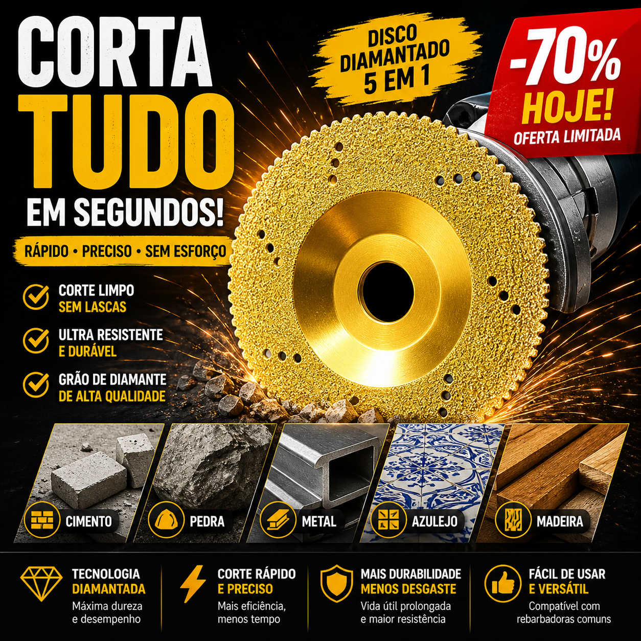 DESCUENTO DEL 70% | Disco Diamantado 5 en 1 – Corta, Lija y Moldea en Pocos Segundos