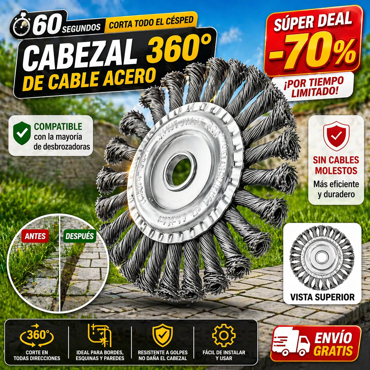 ⚙️ Hoja de Corte de Césped de Alambre de Acero Súper Resistente 360° (Incluye Kit de Adaptadores)