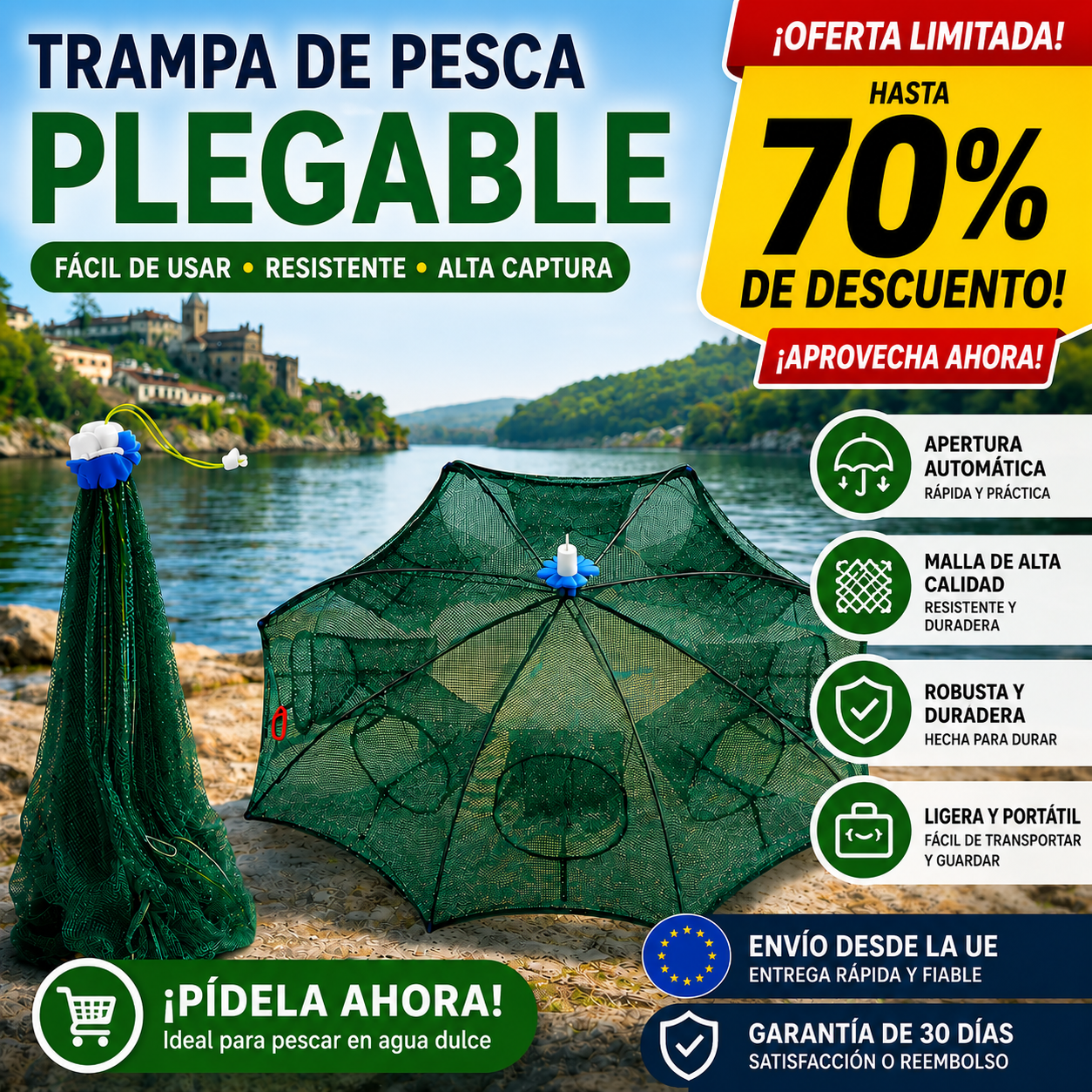 🐟 Red trampa de pesca plegable 96 cm | Múltiples entradas | Para agua dulce