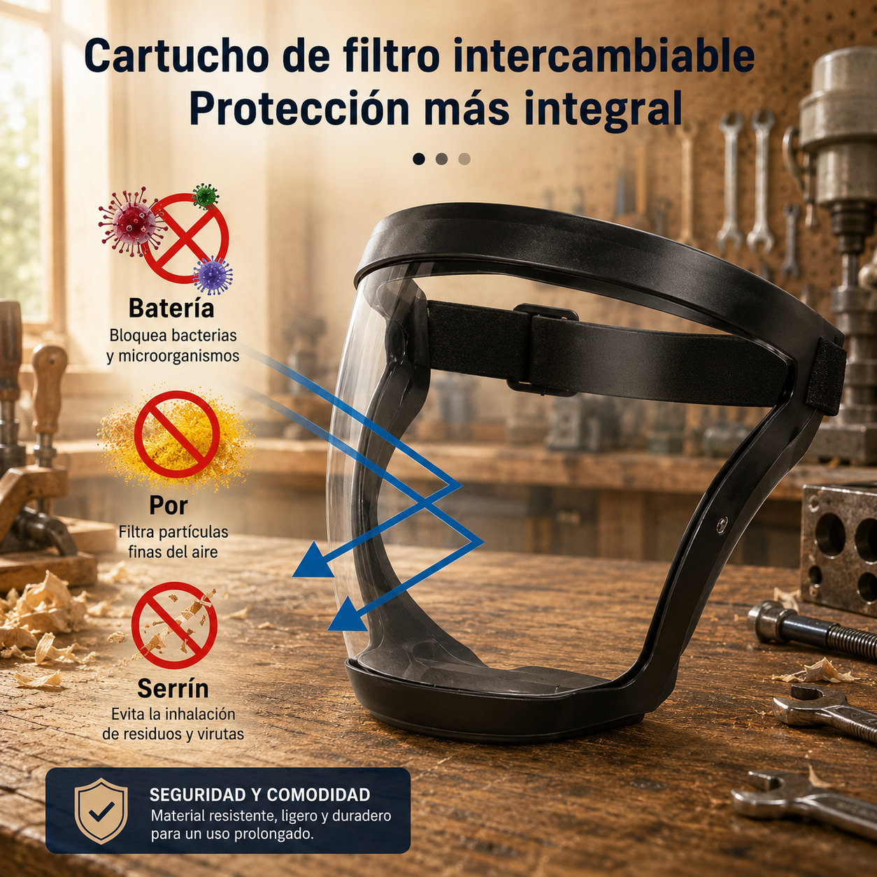 🛡️ La visera protege la cara, los ojos y las vías respiratorias durante el trabajo