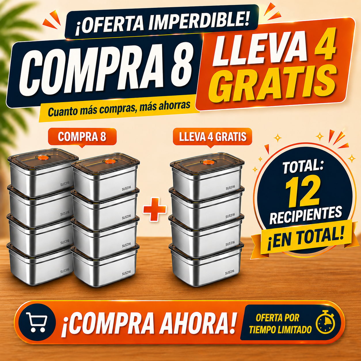 🥘 Recipiente hermético al vacío de acero inoxidable 316