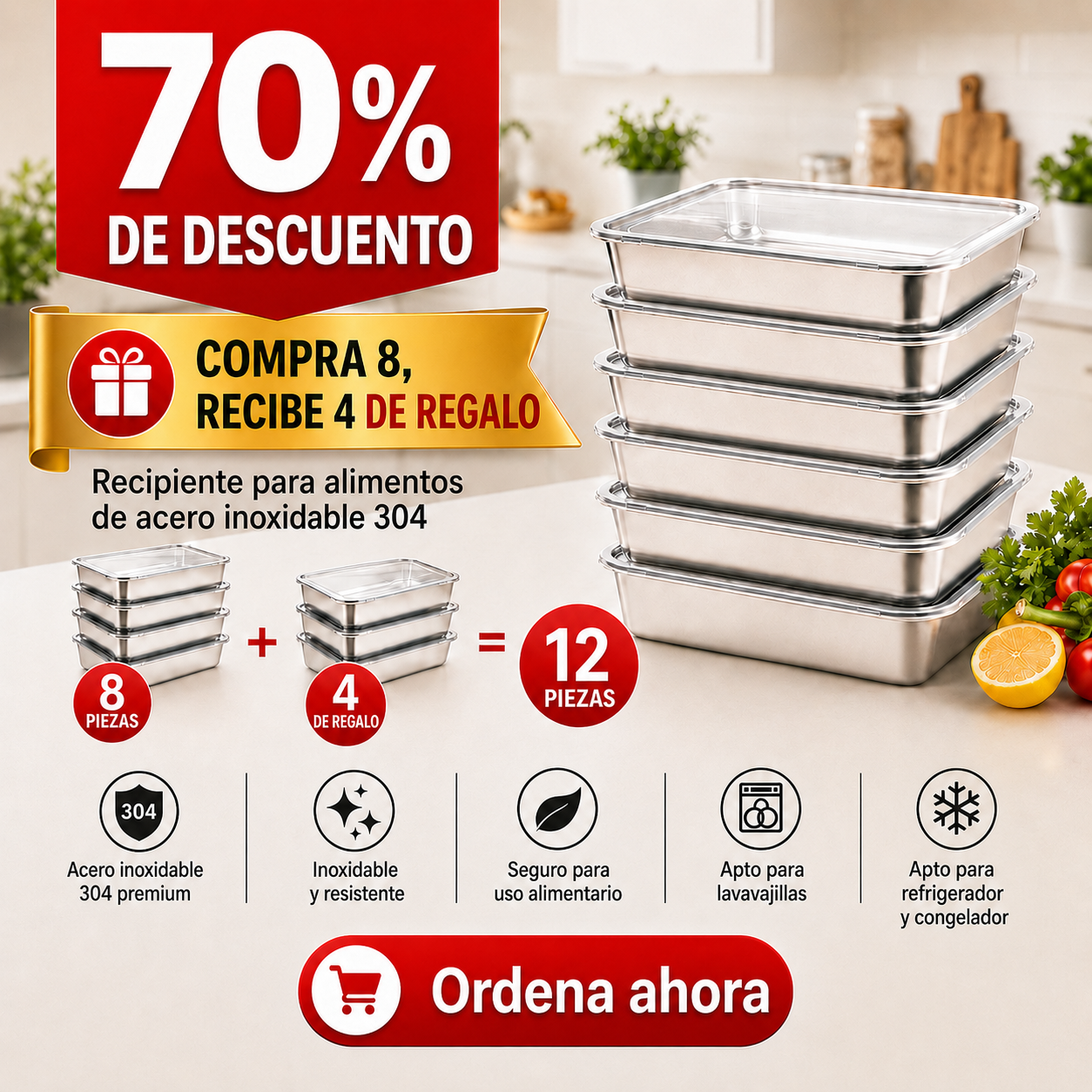 🎁SÚPER OFERTA | Caja Para Alimentos De Acero Inoxidable Alemán 304 2000ML