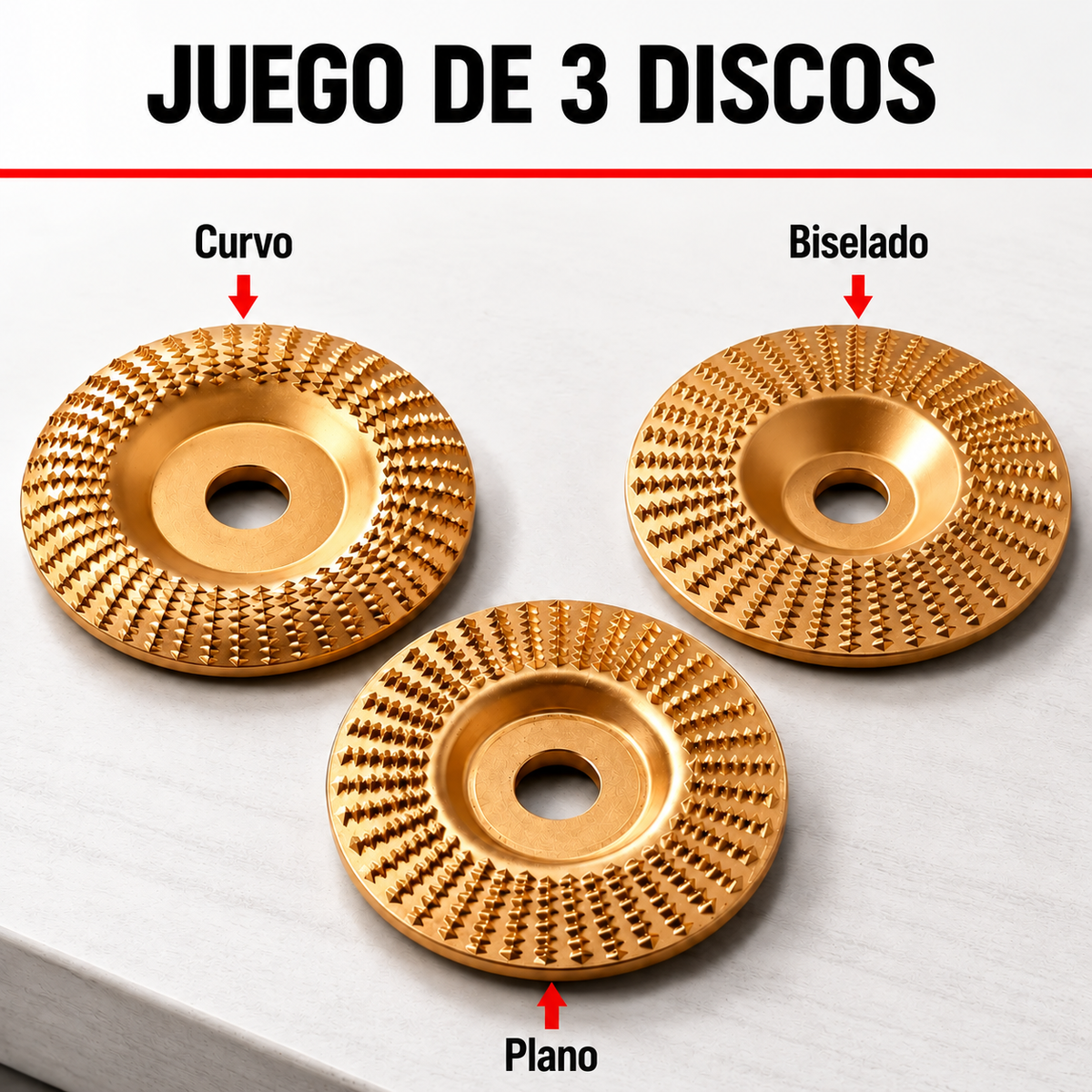 Juego de Discos de Desbaste para Madera — Acero al Carbono (Plano, Curvo + 🎁Inclinado)