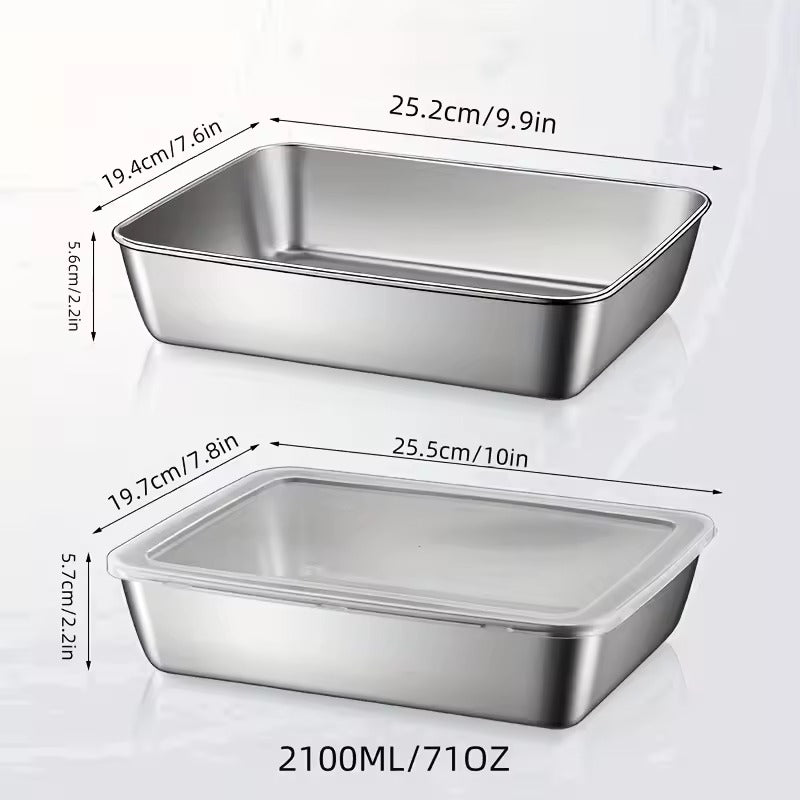Bandeja de Acero Inoxidable 304 con Tapa Hermética (2.1 L – 25.5 × 19.4 × 5.7 cm)