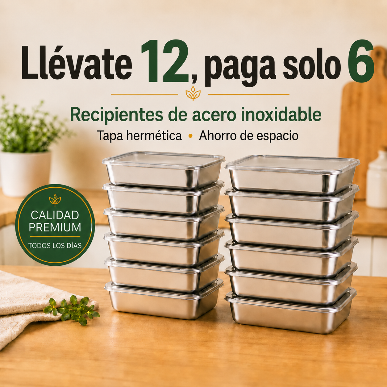 Llévate 12, paga 6 | Tuppers de acero inoxidable 304, 2000 ml