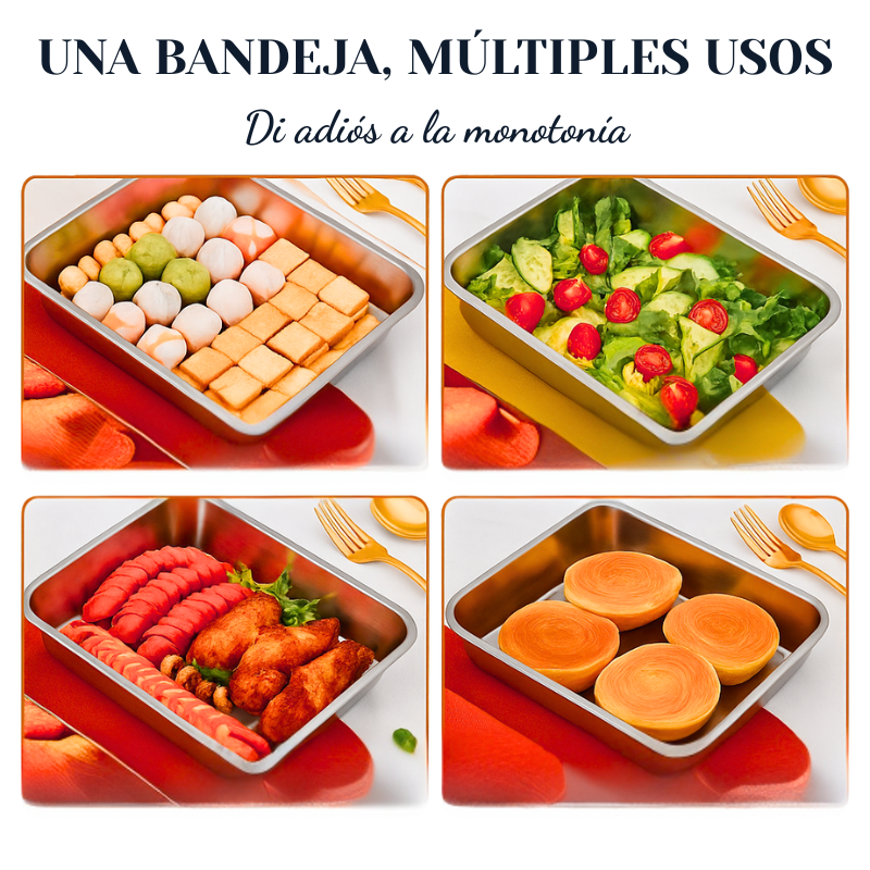Bandeja de Acero Inoxidable 304 con Tapa – Mantiene la Comida Fresca 1 Mes, Resiste 1000 °C y Ahorra Espacio