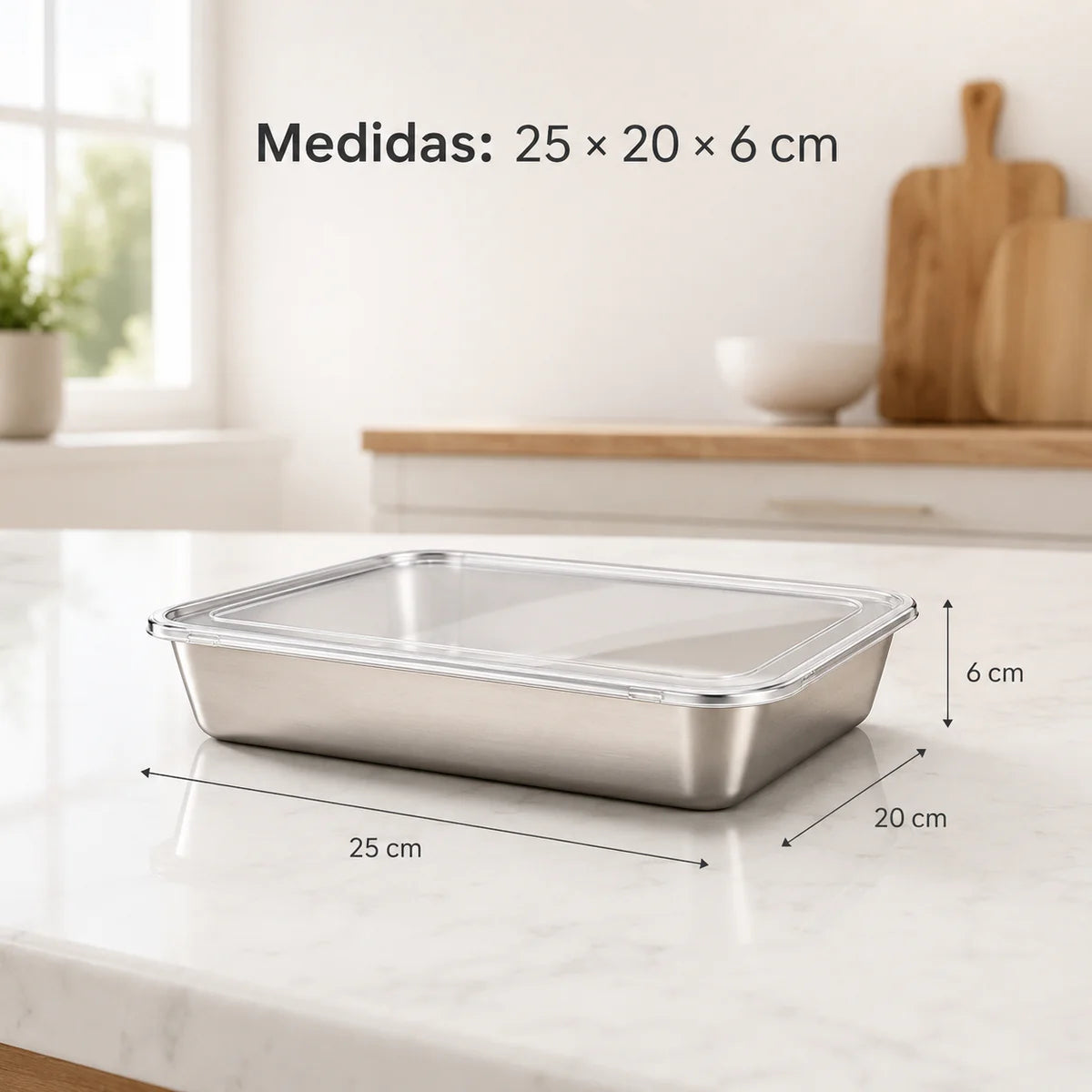 Medidas: 25 × 20 × 6 cm, recipiente de acero inoxidable 304 de 2000 ml con tapa transparente