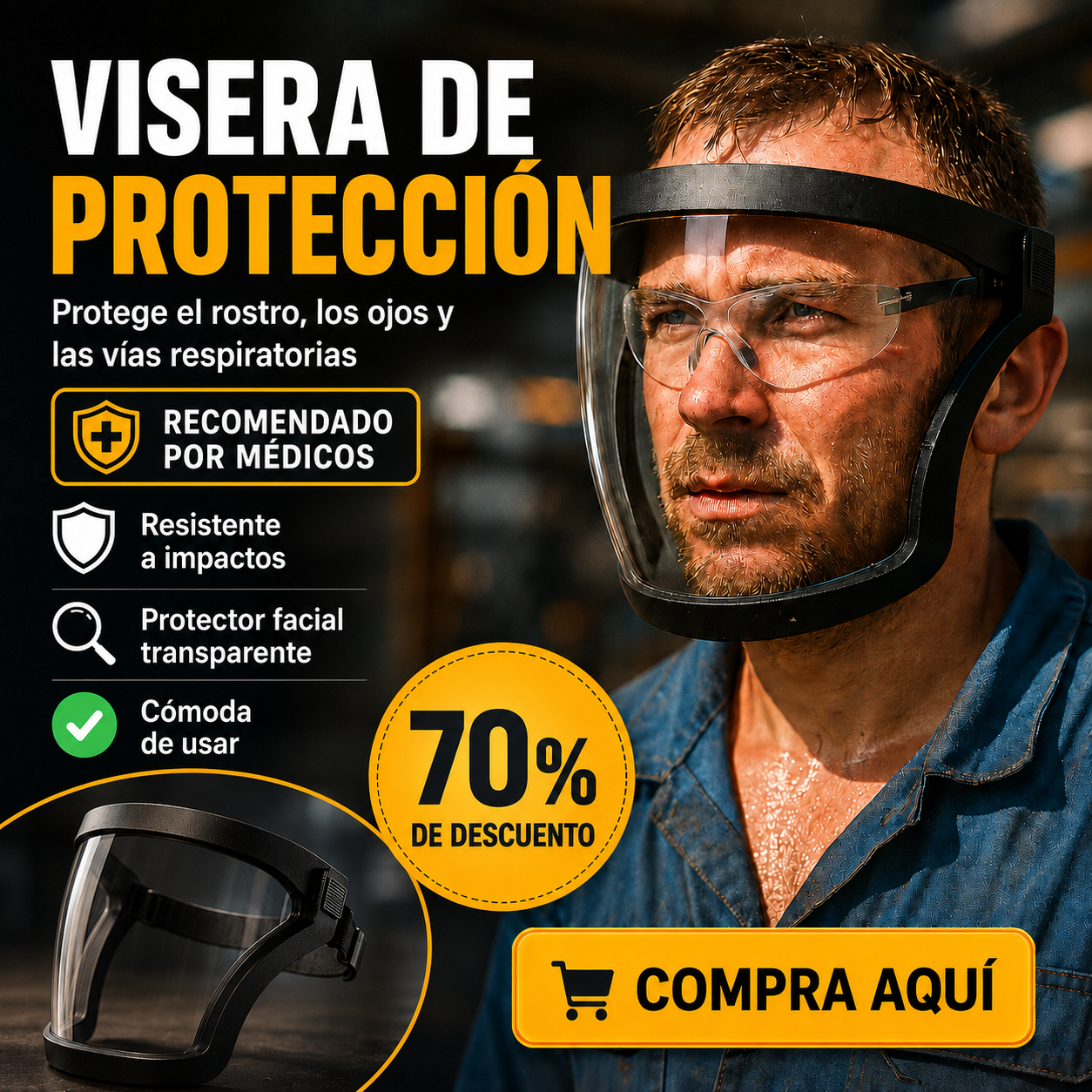 ⚡ La visera protege la cara, los ojos y las vías respiratorias durante el trabajo