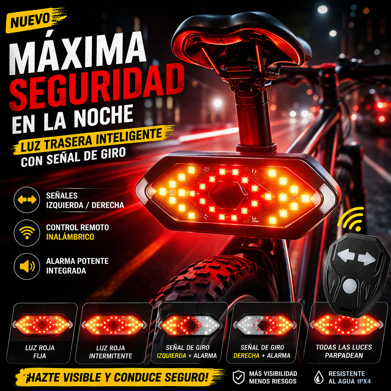 Luz trasera de bicicleta con señal de giro inalámbrica, recargable, con 5 modos de iluminación