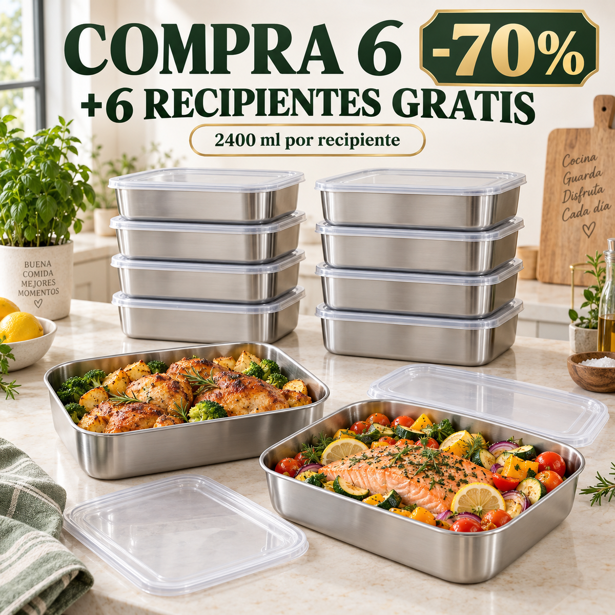 70% OFF | Tuppers de acero inoxidable 304, 2400 ml