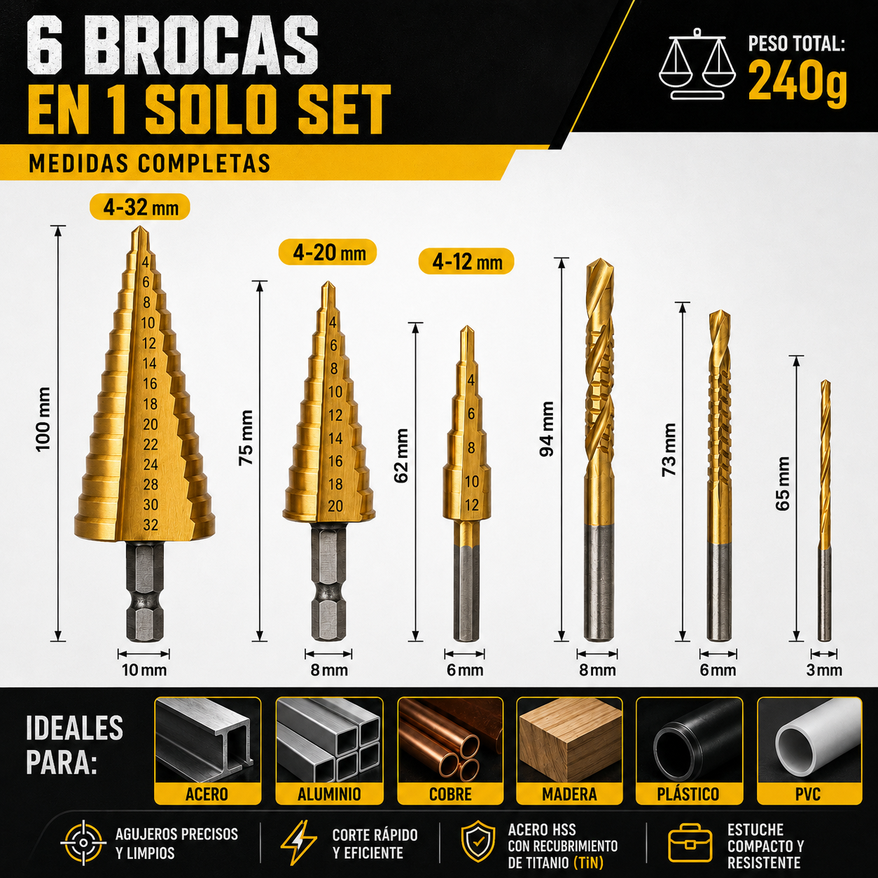 TitanDrill™ – Juego De Brocas Escalonadas De Titanio (6 Brocas Multifuncionales)