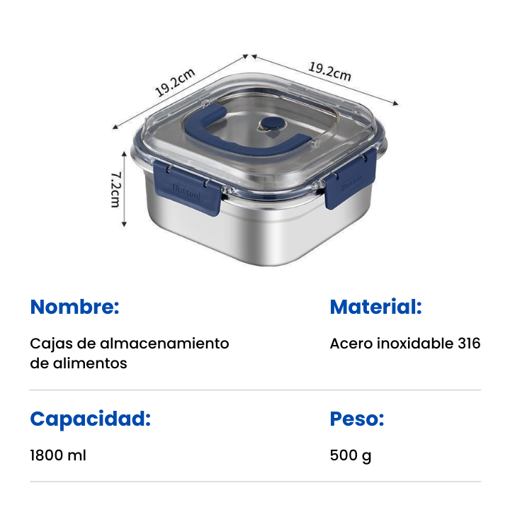 Caja grande para almacenamiento de alimentos de acero inoxidable 316 capacidad 1800 ml