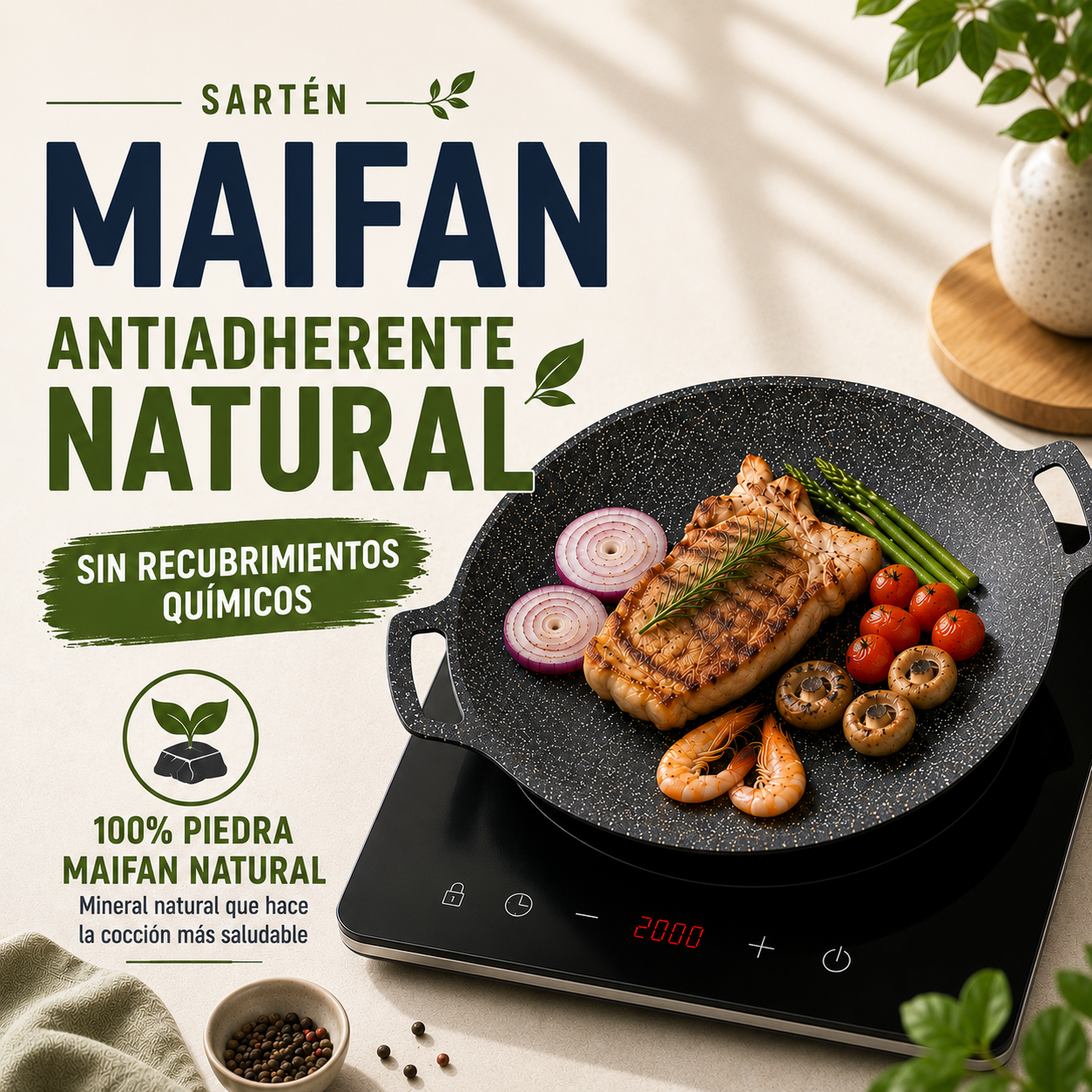 ✨Sartén De Piedra Maifan Antiadherente De 6 Capas Compatible Con Inducción IH