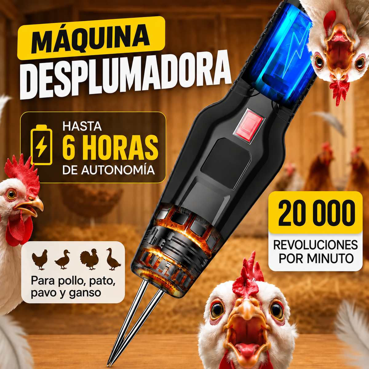 Desplumadora Eléctrica Rápida — Despluma un Pollo en Solo 60 Segundos