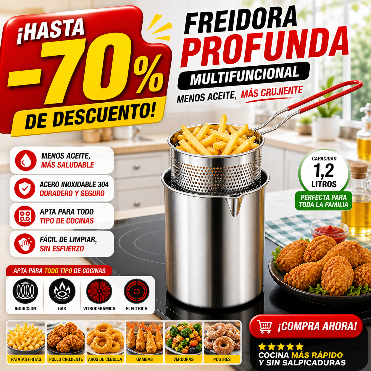 🔥 Olla freidora de 1,2L en acero inoxidable 304 alemán, compatible con cocinas de vitrocerámica e inducción 🔥